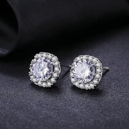 Diamond Silver Square Halo Earrings