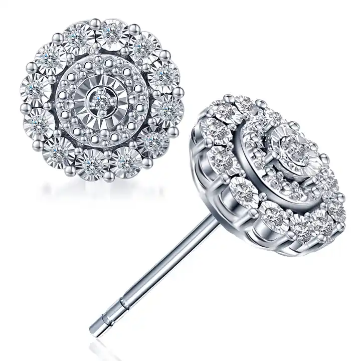 1/10 ctw Round Cut Diamond Prong Halo Earrings