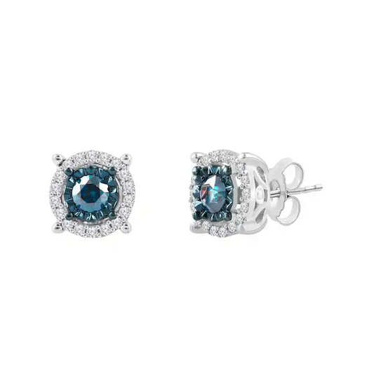 1 ctw Silver White and Blue Diamond Halo Stud Earring