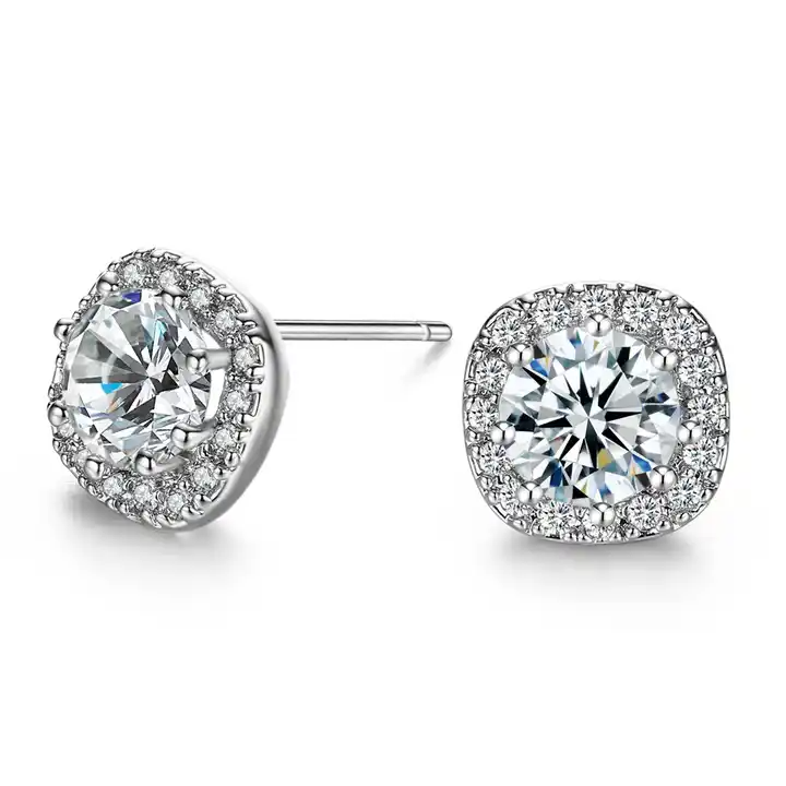 Diamond Silver Square Halo Earrings