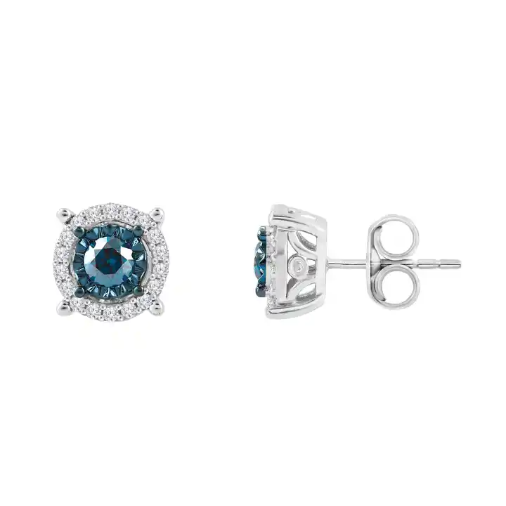 1 ctw Silver White and Blue Diamond Halo Stud Earring